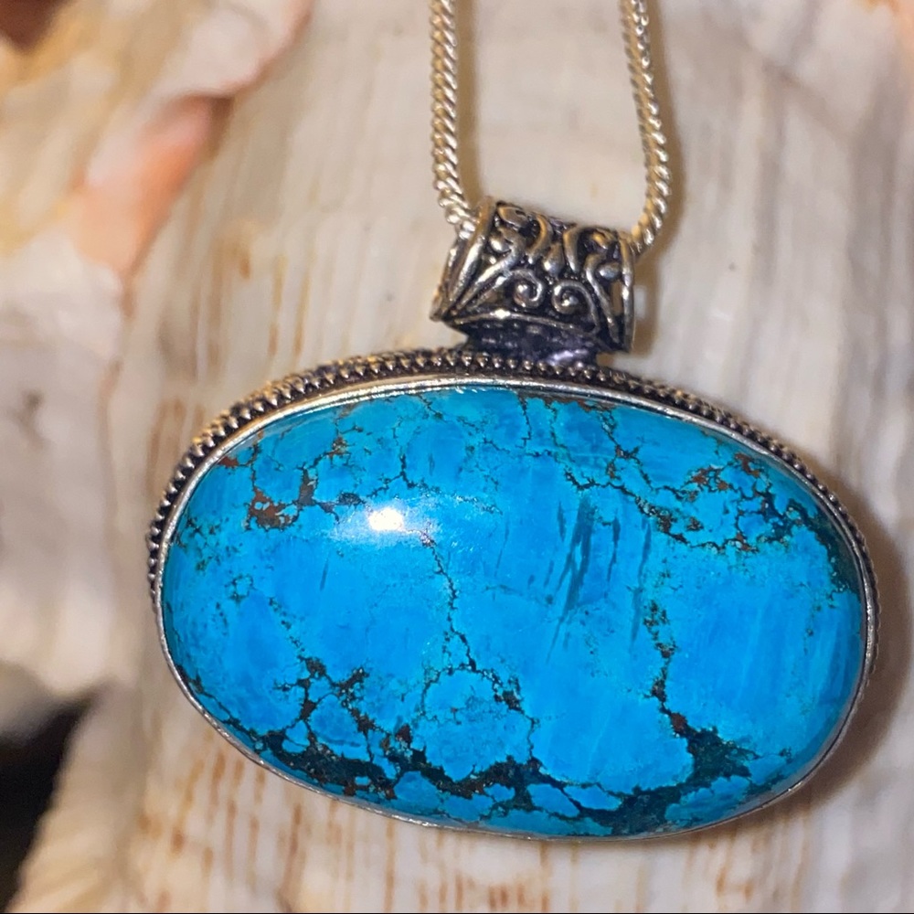 Turquoise Oval Stone Pendant set in Sterling Silver - Blue/Green